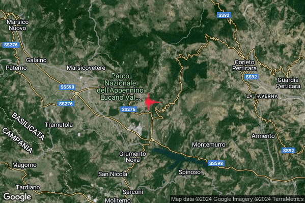 Debole Terremoto M2.6 epicentro 1 km E Viggiano (PZ) alle 13:58:49 (11:58:49 UTC)