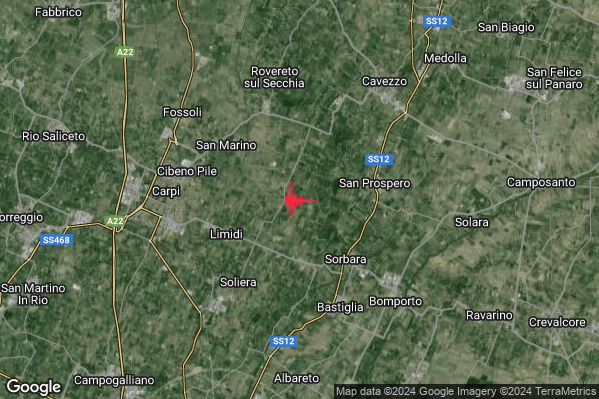 Debole Terremoto M2.4 epicentro 4 km W San Prospero (MO) alle 09:44:33 (07:44:33 UTC)