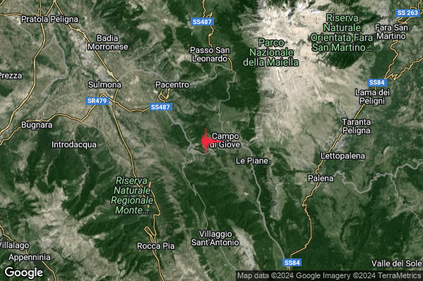 Debole Terremoto M2.6 epicentro 1 km W Campo di Giove (AQ) alle 06:15:03 (04:15:03 UTC)