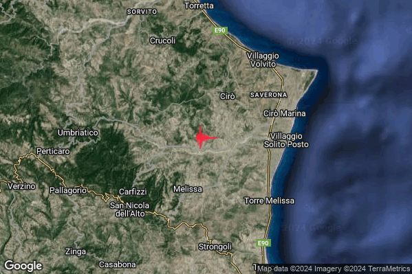 Leggero Terremoto M2.8 epicentro 4 km SW Ciro (KR) alle 11:18:50 (09:18:50 UTC)