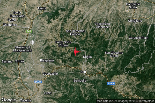 Lieve Terremoto M2.0 epicentro 4 km SE Santa Sofia d'Epiro (CS) alle 19:13:44 (17:13:44 UTC)