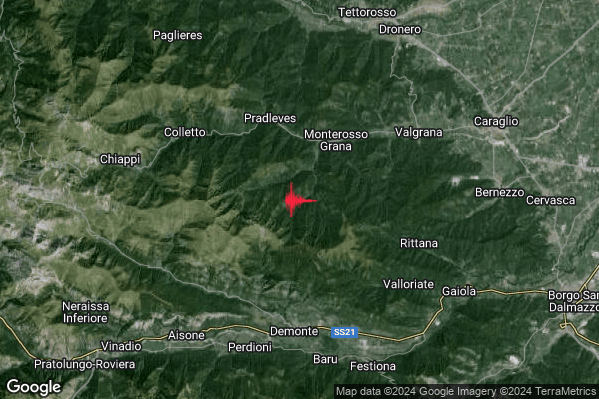 Debole Terremoto M2.5 epicentro 4 km SW Monterosso Grana (CN) alle 05:20:56 (03:20:56 UTC)