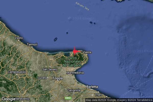 Debole Terremoto M2.3 epicentro Costa Garganica (Foggia) alle 02:49:10 (00:49:10 UTC)