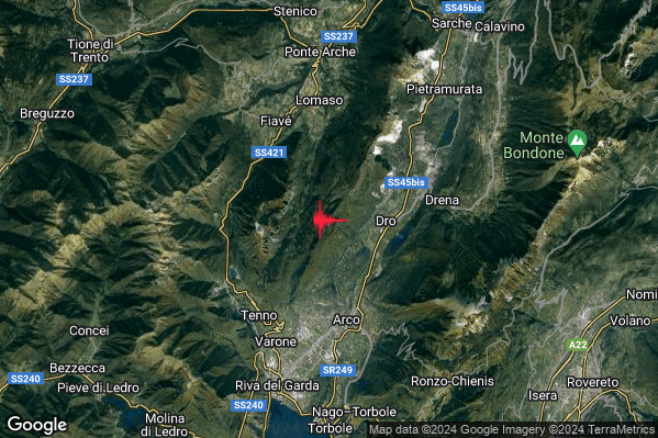 Debole Terremoto M2.5 epicentro 3 km W Dro (TN) alle 11:37:14 (09:37:14 UTC)