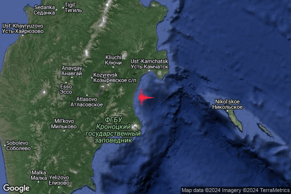 Severo Terremoto M5.5 epicentro Near east coast of Kamchatka Peninsula Russia [Sea: Russia] alle 13:55:36 (11:55:36 UTC)
