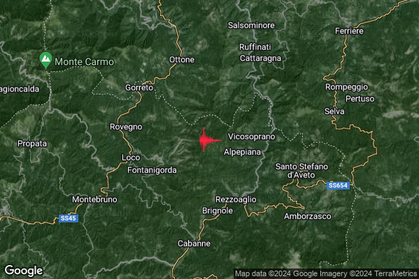 Lieve Terremoto M2.0 epicentro 5 km E Fontanigorda (GE) alle 21:33:33 (19:33:33 UTC)