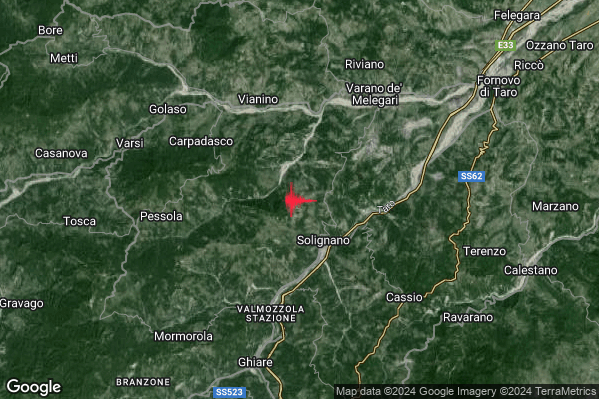 Lieve Terremoto M2.1 epicentro 3 km NW Solignano (PR) alle 08:04:22 (06:04:22 UTC)