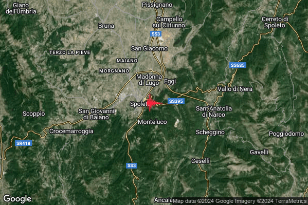 Debole Terremoto M2.3 epicentro 2 km E Spoleto (PG) alle 08:06:22 (06:06:22 UTC)