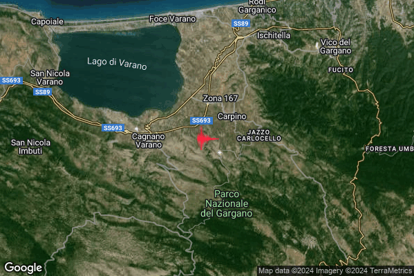 Debole Terremoto M2.3 epicentro 3 km SW Carpino (FG) alle 11:07:35 (09:07:35 UTC)