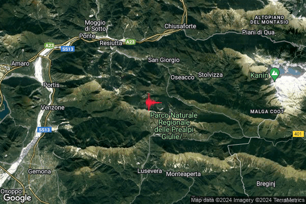 Leggero Terremoto M3.0 epicentro 5 km SW Resia (UD) alle 12:21:39 (10:21:39 UTC)