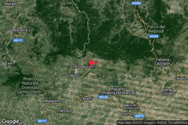 Lieve Terremoto M2.2 epicentro 5 km NE Capizzi (ME) alle 12:12:38 (10:12:38 UTC)