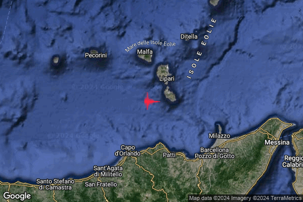 Debole Terremoto M2.7 epicentro Isole Eolie (Messina) alle 07:55:52 (05:55:52 UTC)