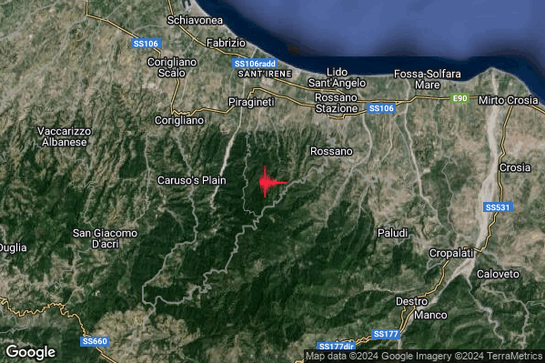 Lieve Terremoto M2.1 epicentro 4 km W Rossano (CS) alle 23:28:39 (21:28:39 UTC)