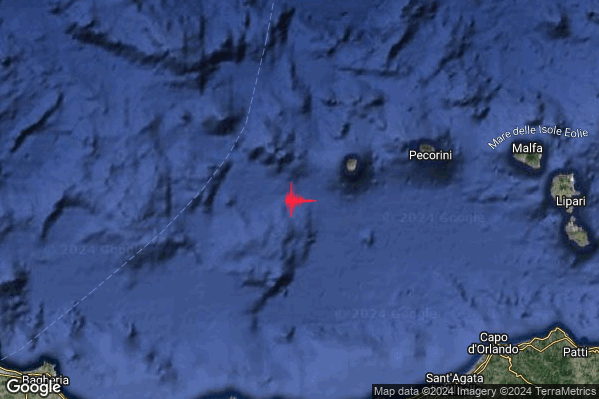 Debole Terremoto M2.6 epicentro Isole Eolie (Messina) alle 10:08:52 (08:08:52 UTC)