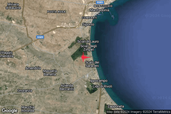 Debole Terremoto M2.3 epicentro 10 km SW Manfredonia (FG) alle 07:04:28 (05:04:28 UTC)