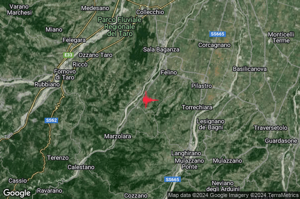 Debole Terremoto M2.3 epicentro 4 km SW Felino (PR) alle 07:34:07 (05:34:07 UTC)