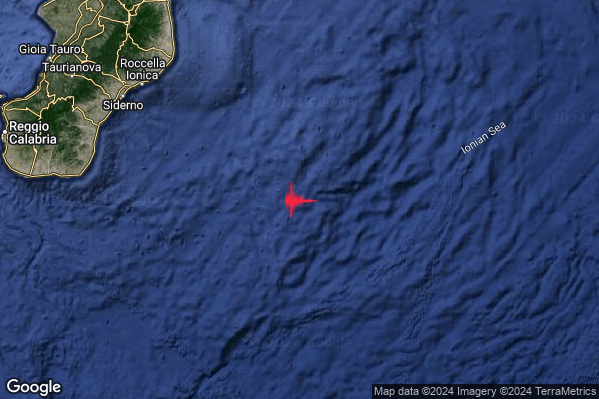 Leggero Terremoto M2.9 epicentro Mar Ionio Meridionale (MARE) alle 17:30:42 (15:30:42 UTC)