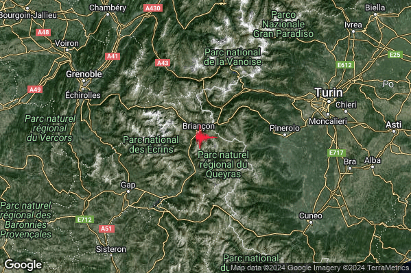 Debole Terremoto M2.6 epicentro Confine Italia-Francia (FRANCIA) alle 19:40:22 (17:40:22 UTC)