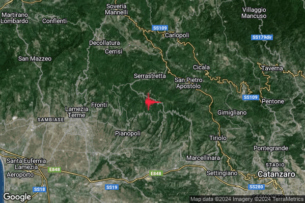 Debole Terremoto M2.4 epicentro 3 km S Serrastretta (CZ) alle 01:16:44 (23:16:44 UTC)