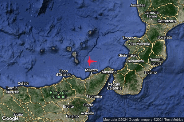 Debole Terremoto M2.3 epicentro Costa Siciliana nord-orientale (Messina) alle 04:19:27 (02:19:27 UTC)