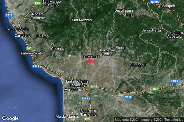 Moderato Terremoto M3.3 epicentro 4 km SW Lamezia Terme (CZ) alle 09:45:11 (07:45:11 UTC)