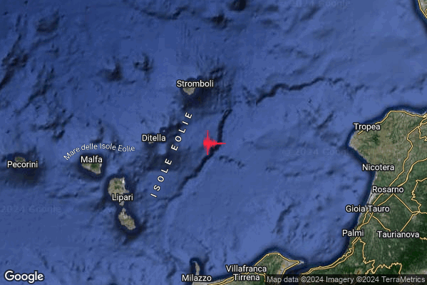 Debole Terremoto M2.3 epicentro Isole Eolie (Messina) alle 23:52:24 (21:52:24 UTC)