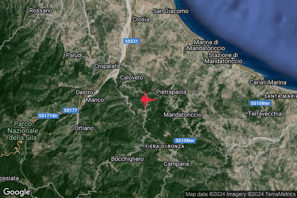 Forte Terremoto M5.0 epicentro 3 km W Pietrapaola (CS) alle 21:43:19 (19:43:19 UTC)