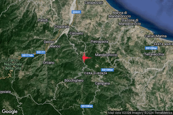 Debole Terremoto M2.3 epicentro 4 km SW Pietrapaola (CS) alle 21:51:46 (19:51:46 UTC)