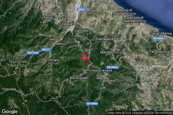 Leggero Terremoto M3.1 epicentro 4 km N Bocchigliero (CS) alle 22:53:13 (20:53:13 UTC)