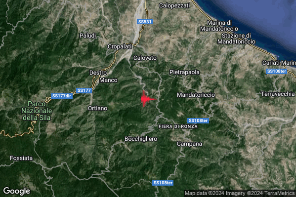 Debole Terremoto M2.4 epicentro 5 km N Bocchigliero (CS) alle 02:12:29 (00:12:29 UTC)