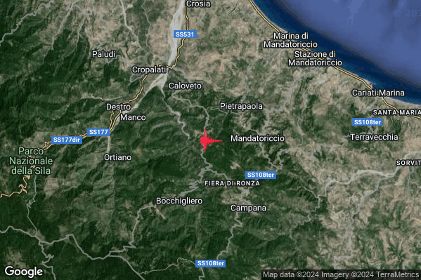 Lieve Terremoto M2.0 epicentro 4 km SW Pietrapaola (CS) alle 14:58:05 (12:58:05 UTC)