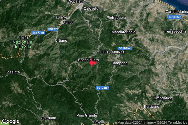 Lieve Terremoto M2.0 epicentro 1 km SE Bocchigliero (CS) alle 10:47:03 (08:47:03 UTC)