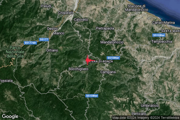 Lieve Terremoto M2.1 epicentro 3 km NE Bocchigliero (CS) alle 10:48:58 (08:48:58 UTC)