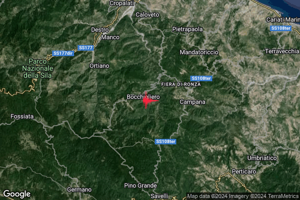 Debole Terremoto M2.4 epicentro 1 km SE Bocchigliero (CS) alle 16:43:46 (14:43:46 UTC)