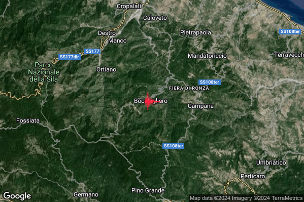 Lieve Terremoto M2.0 epicentro Bocchigliero (CS) alle 16:46:43 (14:46:43 UTC)