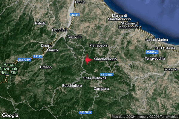 Debole Terremoto M2.5 epicentro 3 km SW Pietrapaola (CS) alle 16:55:45 (14:55:45 UTC)