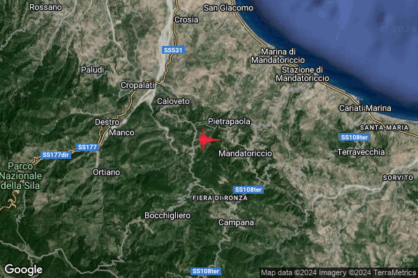 Debole Terremoto M2.6 epicentro 2 km SW Pietrapaola (CS) alle 19:03:03 (17:03:03 UTC)