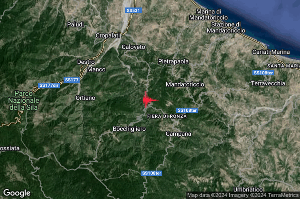 Lieve Terremoto M2.2 epicentro 4 km NE Bocchigliero (CS) alle 20:11:14 (18:11:14 UTC)