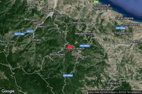 Lieve Terremoto M2.1 epicentro 4 km NE Bocchigliero (CS) alle 23:10:46 (21:10:46 UTC)