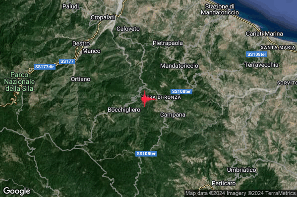 Lieve Terremoto M2.1 epicentro 3 km E Bocchigliero (CS) alle 15:17:30 (13:17:30 UTC)