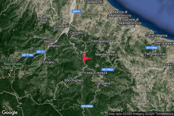 Lieve Terremoto M2.1 epicentro 4 km SW Pietrapaola (CS) alle 20:12:31 (18:12:31 UTC)