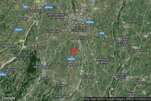 Leggero Terremoto M3.0 epicentro 6 km S Parma (PR) alle 00:30:43 (22:30:43 UTC)