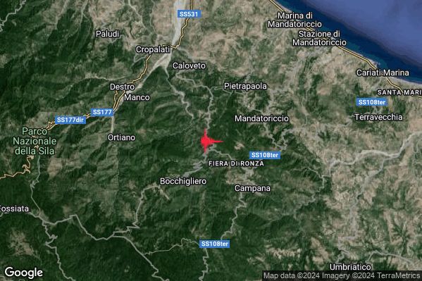 Debole Terremoto M2.5 epicentro 4 km NE Bocchigliero (CS) alle 10:36:03 (08:36:03 UTC)