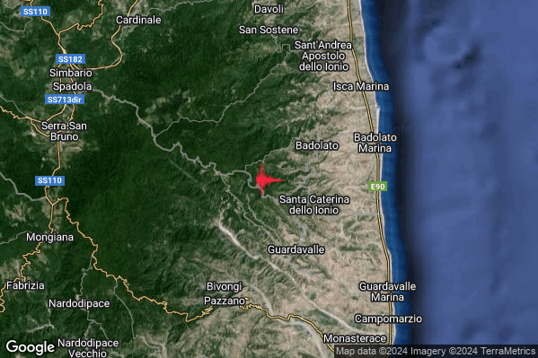 Debole Terremoto M2.5 epicentro 3 km W Santa Caterina dello Ionio (CZ) alle 16:47:57 (14:47:57 UTC)