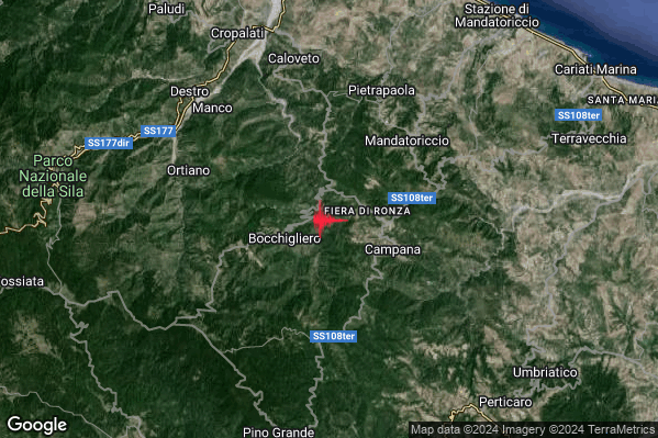 Debole Terremoto M2.5 epicentro 2 km E Bocchigliero (CS) alle 18:24:00 (16:24:00 UTC)