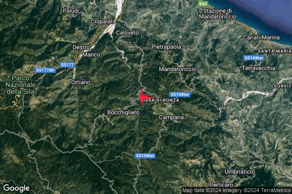 Lieve Terremoto M2.1 epicentro 3 km NE Bocchigliero (CS) alle 19:50:14 (17:50:14 UTC)