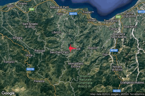 Debole Terremoto M2.5 epicentro 3 km E San Piero Patti (ME) alle 19:57:11 (17:57:11 UTC)