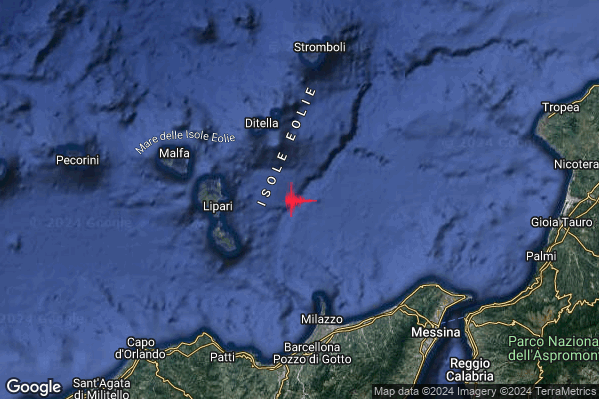 Debole Terremoto M2.3 epicentro Isole Eolie (Messina) alle 23:45:55 (21:45:55 UTC)