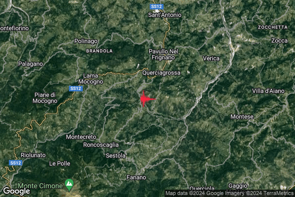 Debole Terremoto M2.4 epicentro 6 km SW Pavullo nel Frignano (MO) alle 06:58:26 (04:58:26 UTC)