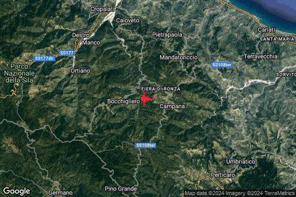 Lieve Terremoto M2.2 epicentro 3 km E Bocchigliero (CS) alle 04:51:11 (02:51:11 UTC)